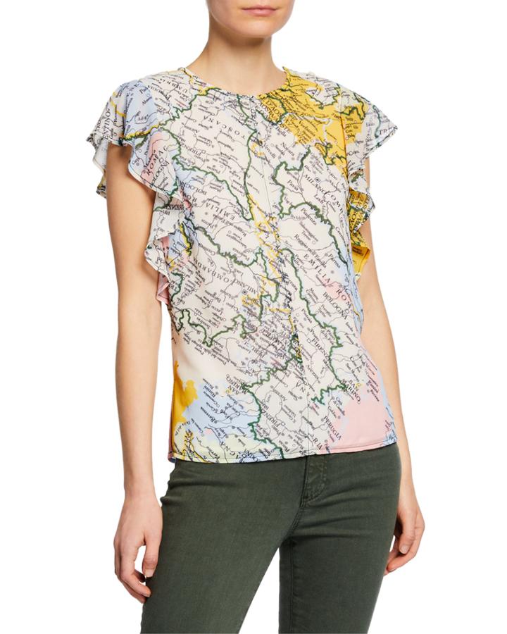 Ruffle-sleeve Map Crewneck Top