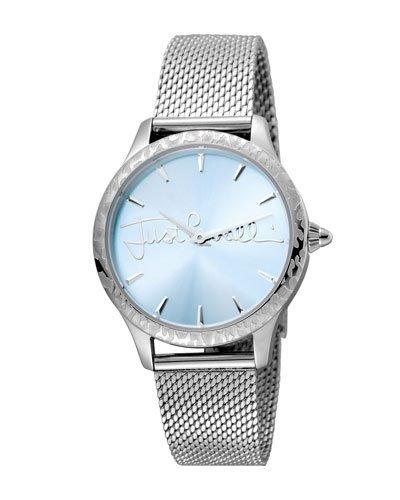 34mm Logo Stainless Steel Bracelet Watch W/ Leopard Bezel, Blue