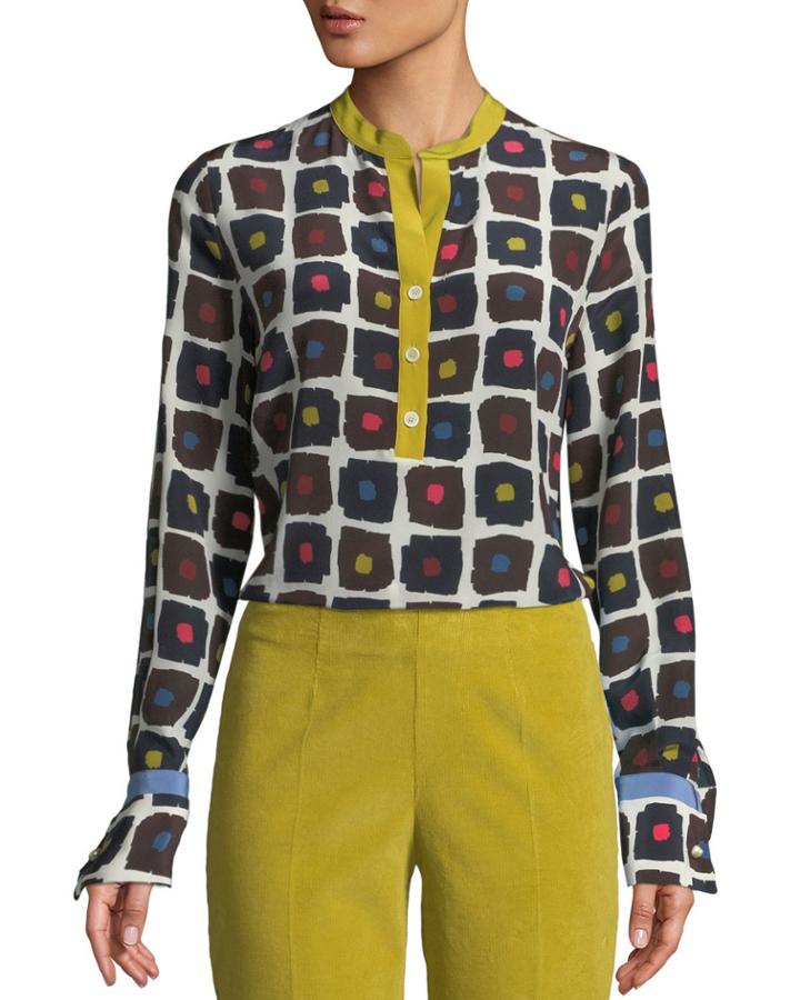 Graphic Dot-print High-low Silk Henley Blouse