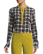 Graphic Dot-print High-low Silk Henley Blouse