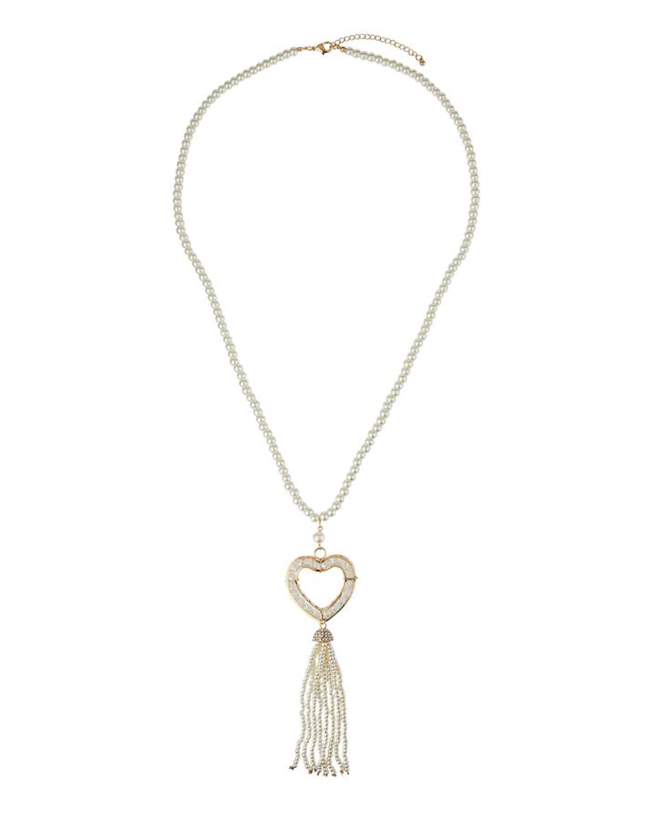 Long Pearly Heart & Tassel Necklace