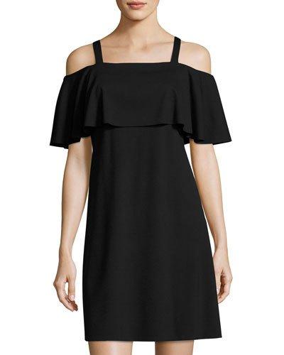 Ruffled Cold-shoulder Dress, Black