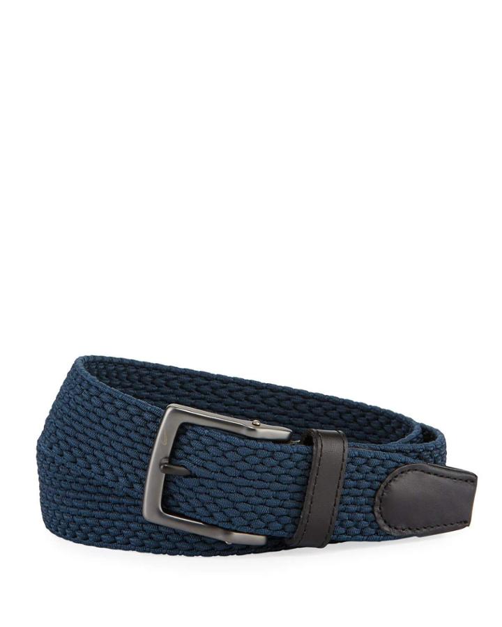 Men's Stretch Woven Leather-trim Belt, Navy