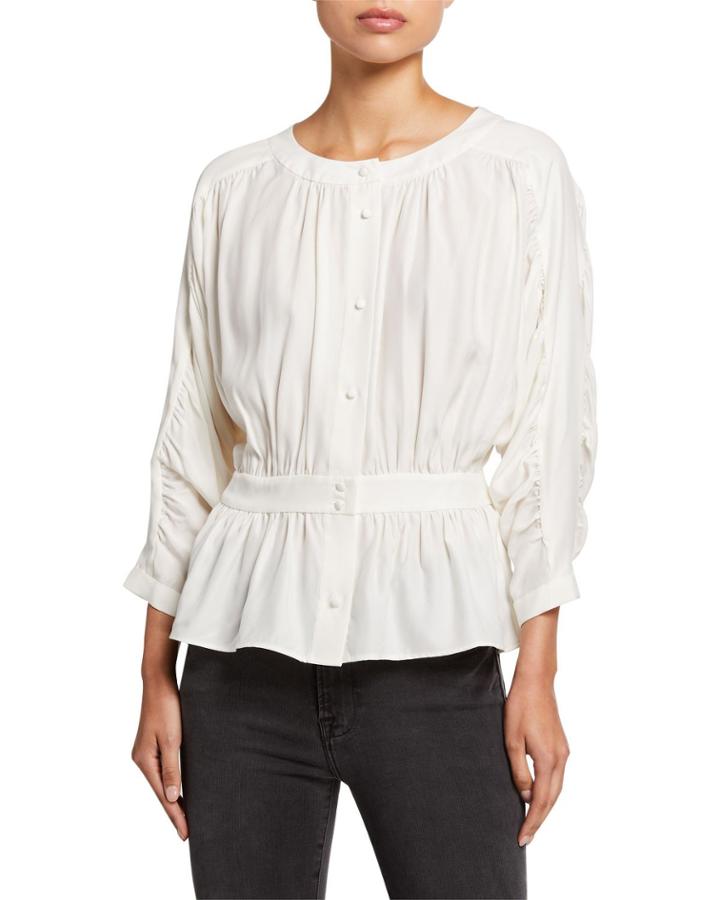 Gathered Silk Button-front Top