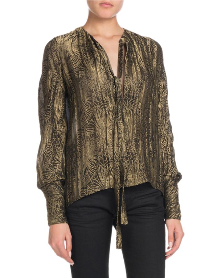 Tie-neck Long-sleeve Metallic Blouse