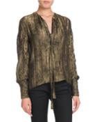 Tie-neck Long-sleeve Metallic Blouse
