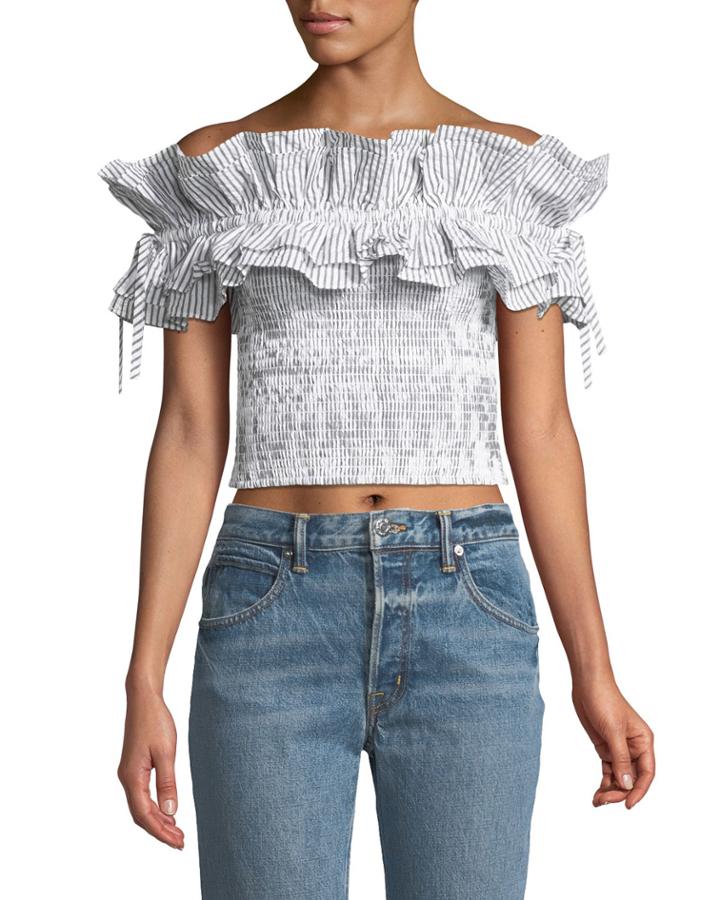 Off-the-shoulder Striped-seersucker Crop-top