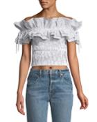 Off-the-shoulder Striped-seersucker Crop-top