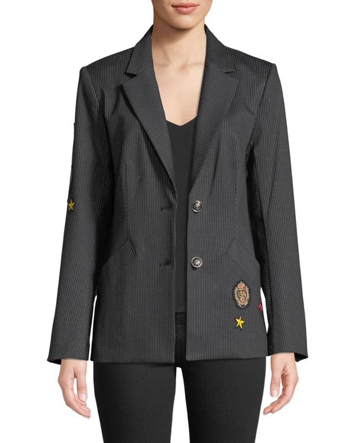 Notched-collar Striped Jacket With Patches