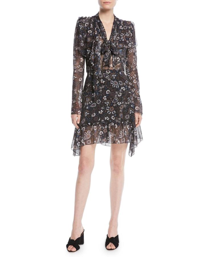 Printed Tie-neck Long-sleeve Flounce Dress