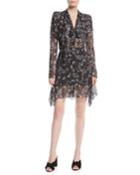 Printed Tie-neck Long-sleeve Flounce Dress