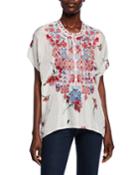 Plus Size Idalina Printed Button-front Short-sleeve Embroidered
