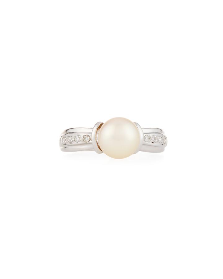 14k White Gold Pearl & Diamond Shank Ring,