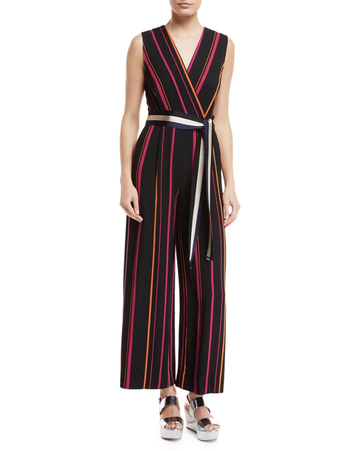 Sleeveless Crossover Wide-leg Striped Jumpsuit