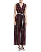 Sleeveless Crossover Wide-leg Striped Jumpsuit