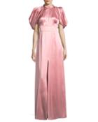 Satin Drape-shoulder Keyhole Gown