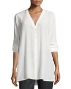 V-neck Button-front Silk Blouse, Off White