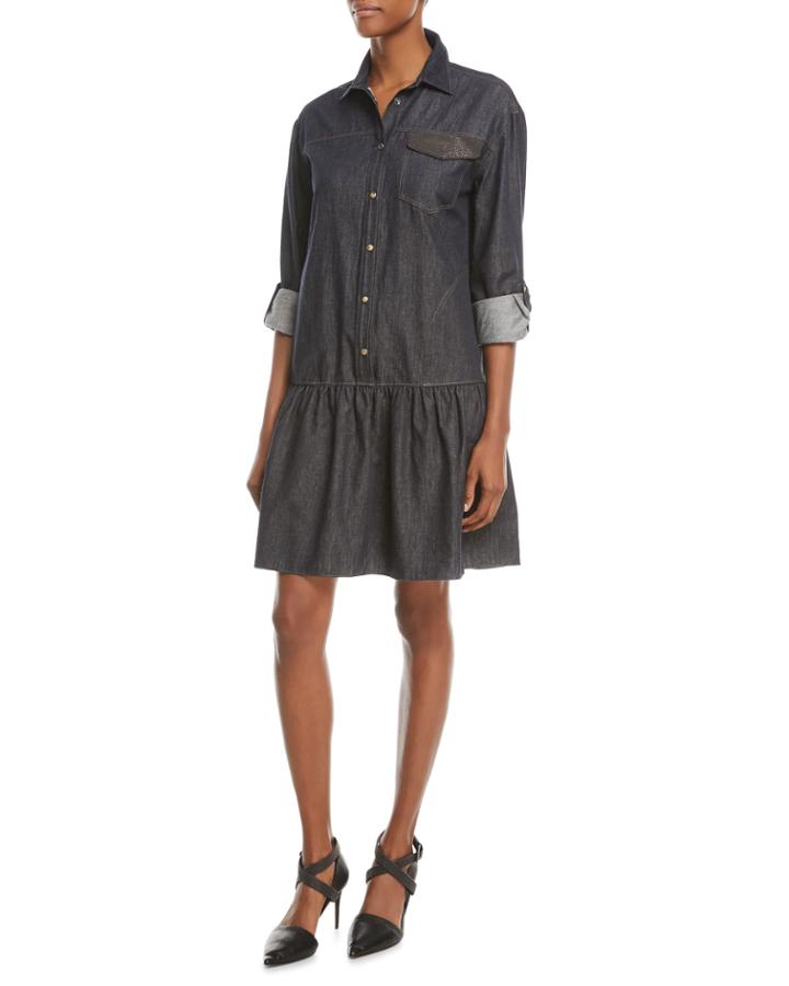Drop-waist Button-front Denim Dress W/