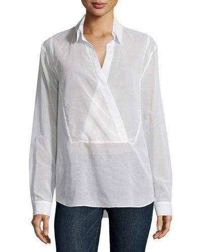 Long-sleeve Wrap-placket Blouse, Optic White