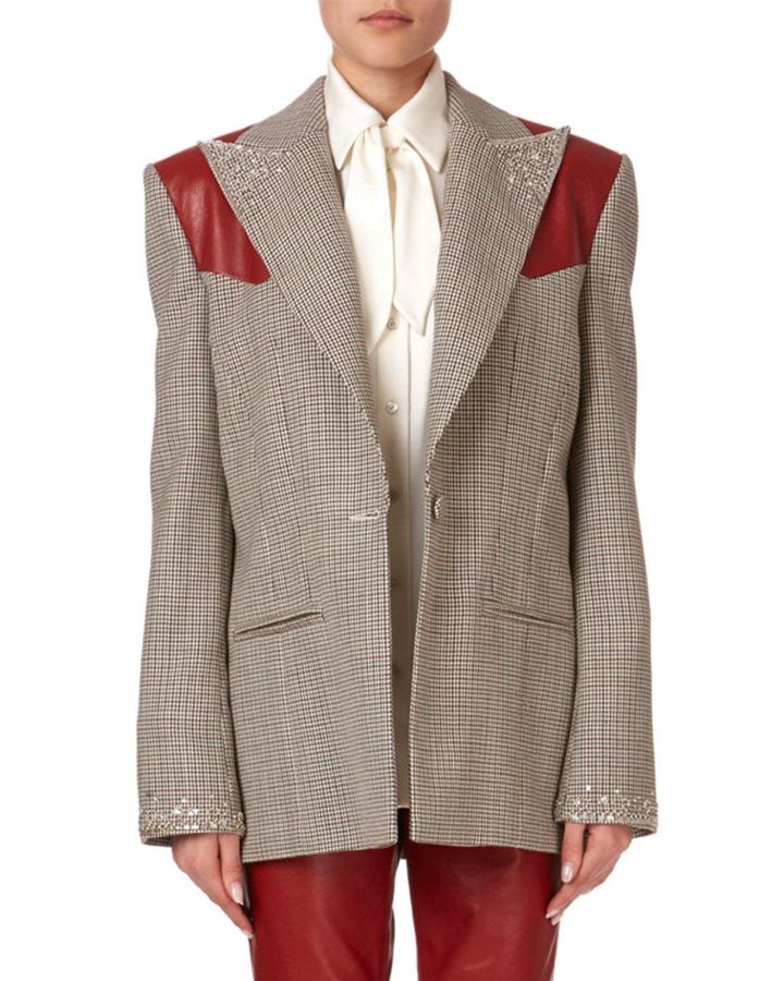 Arkansas Beaded Plaid Wool Blazer W/ Leather