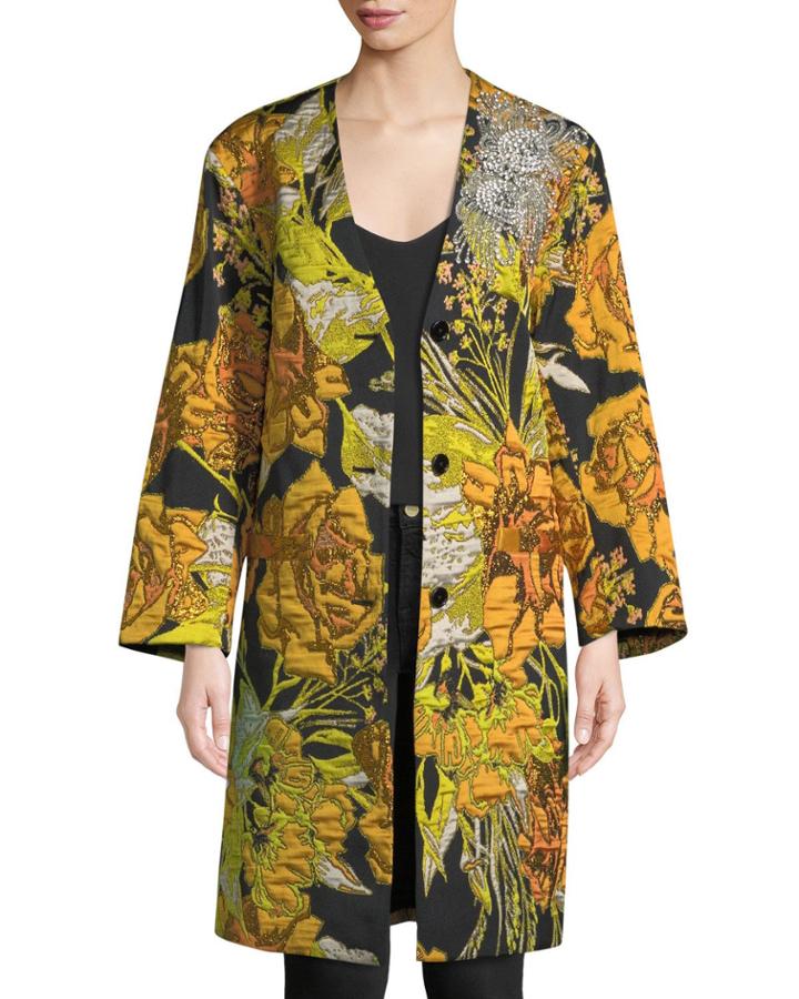 Embellished Floral-jacquard Button-front Coat