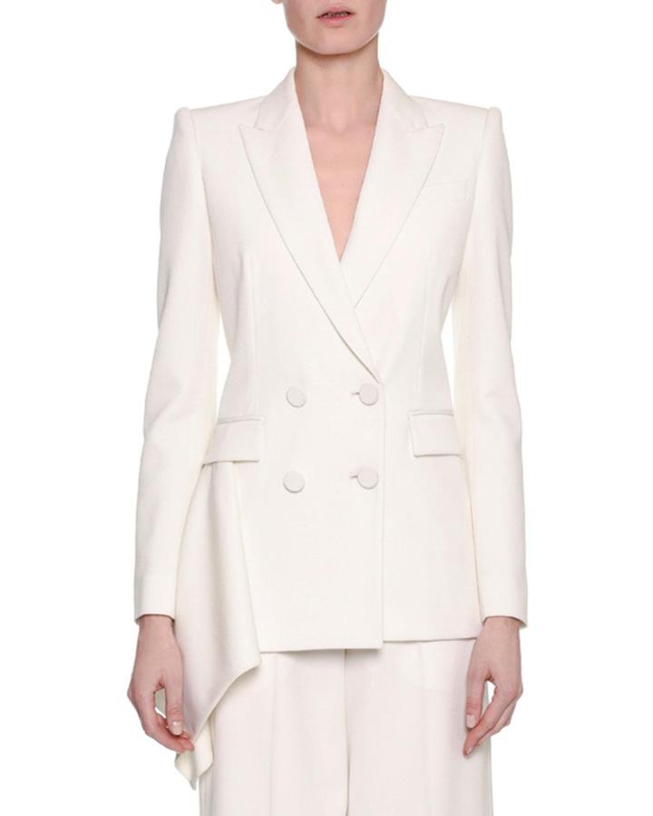 Double-breasted Draped-side Tuxedo Blazer, White