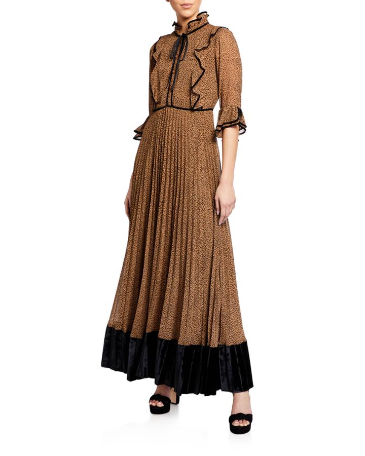 Leopard Pleated Velvet Panel Gown
