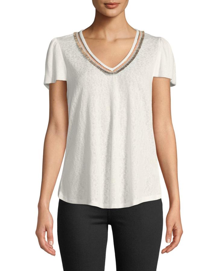 Lane Puff-sleeve Fringe-trim Top