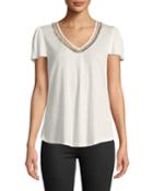 Lane Puff-sleeve Fringe-trim Top