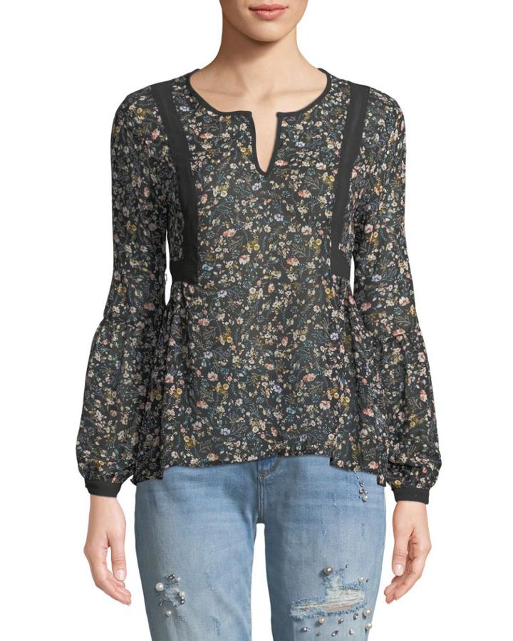 Long-sleeve Floral Chiffon Blouse
