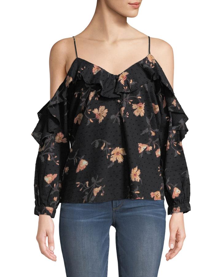 Arabeth V-neck Cold-shoulder Floral-print Cotton Dobby Blouse