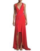 Sleeveless Plunging Crepe High-low Evening Gown W/ Tassel Trim