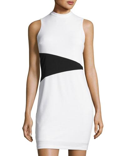 Sleeveless Mock-neck Colorblock Dress, White/black