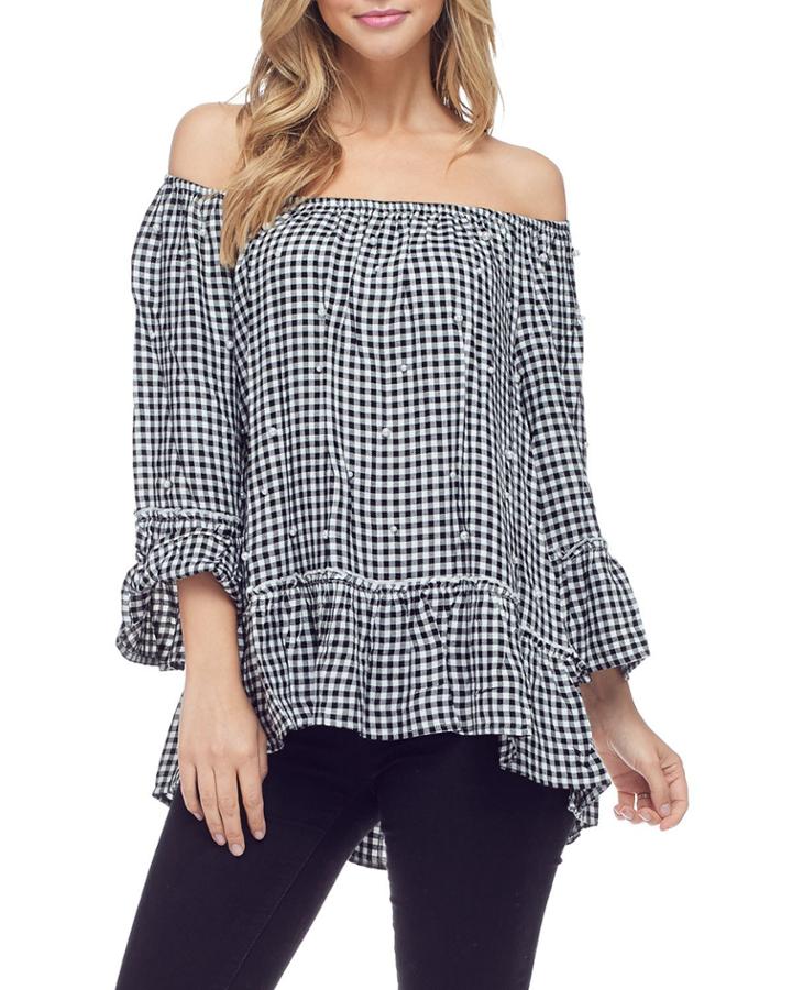 Gingham Pearlescent Off-the-shoulder Top