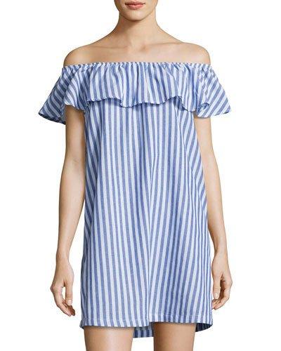 Carenza Striped Off-the-shoulder Dress, Blue/white
