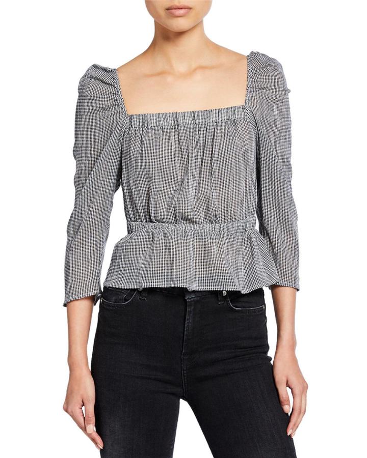 Gingham Square-neck 3/4-sleeve Peplum Top