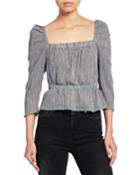 Gingham Square-neck 3/4-sleeve Peplum Top