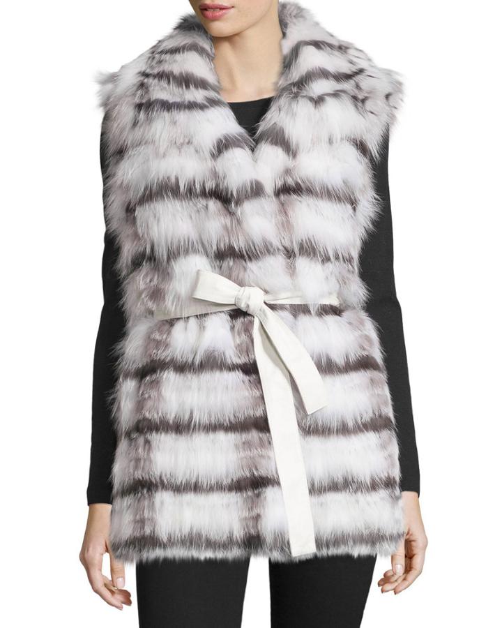 Belted Fox Fur Vest, White/silver