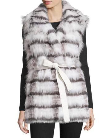 Belted Fox Fur Vest, White/silver