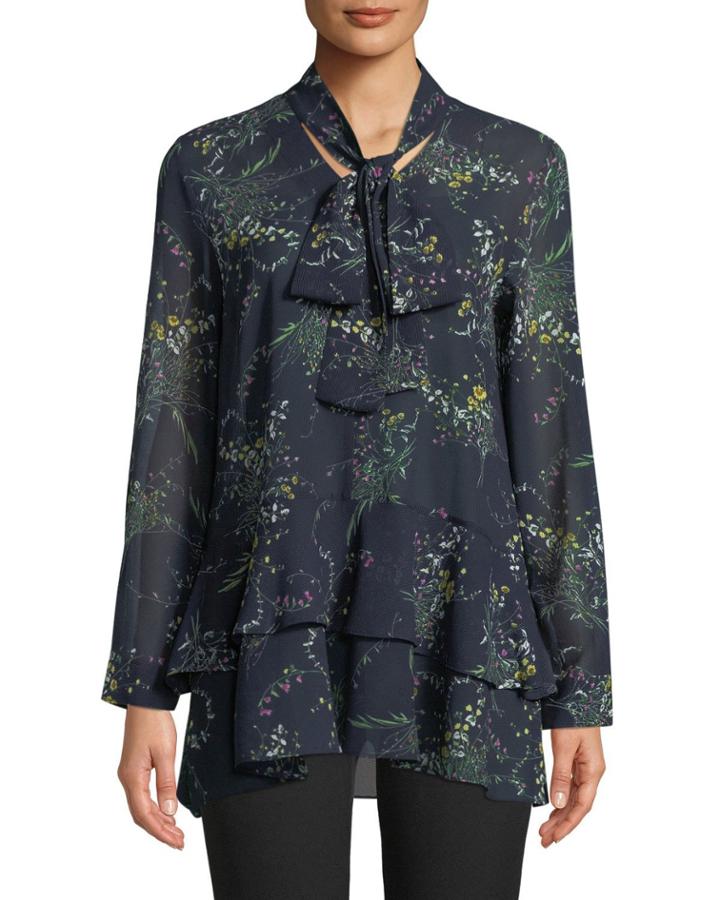 Bow-neck Floral Chiffon Ruffle-hem Blouse