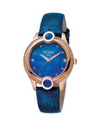 Women's 34mm Stainless Steel 3-hand Inlay Glitz Watch With Leather Strap, Rose/blue