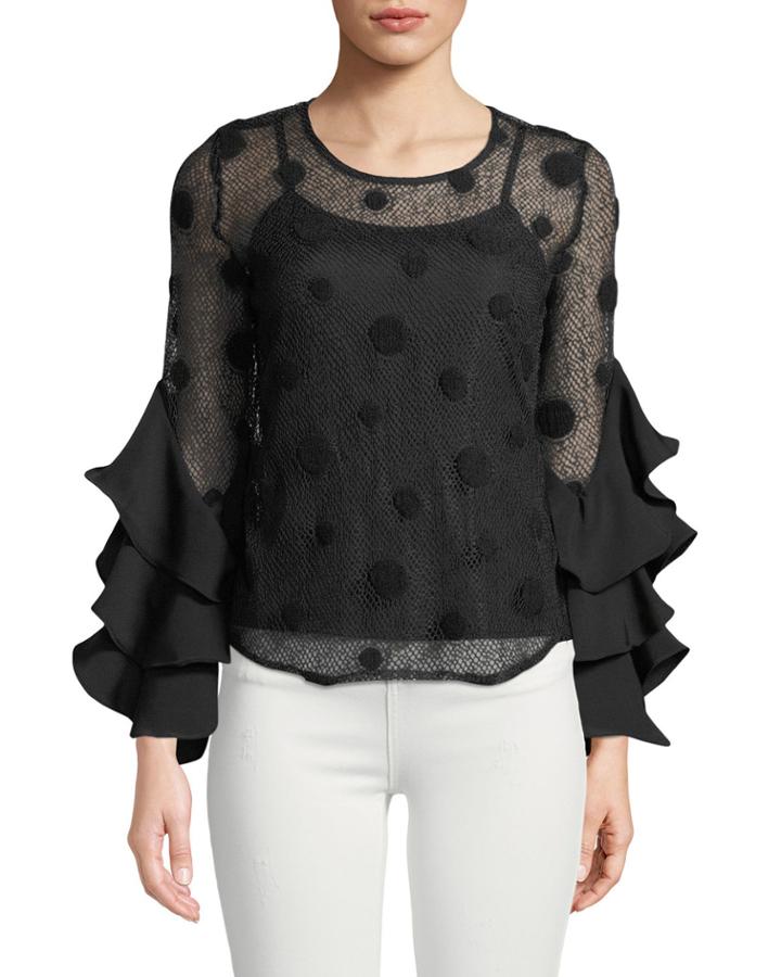Ruffle-sleeve Polka-dot Mesh Illusion Top