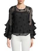 Ruffle-sleeve Polka-dot Mesh Illusion Top