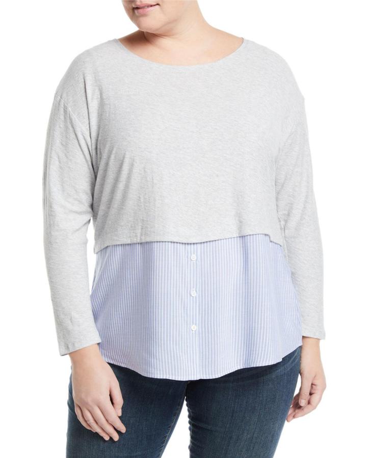 Mixed-media Striped-hem Top,