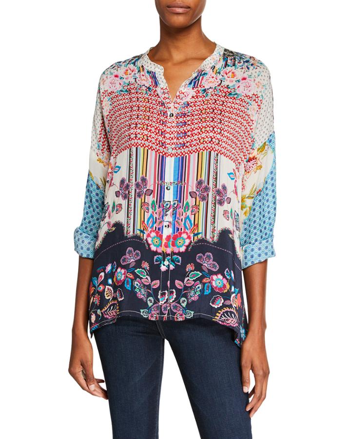 Patch Button-front Mixed-print Blouse
