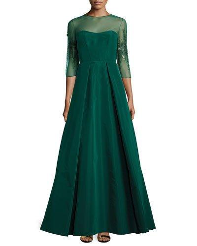 Beaded Long-sleeve Sheath Dress, Emerald