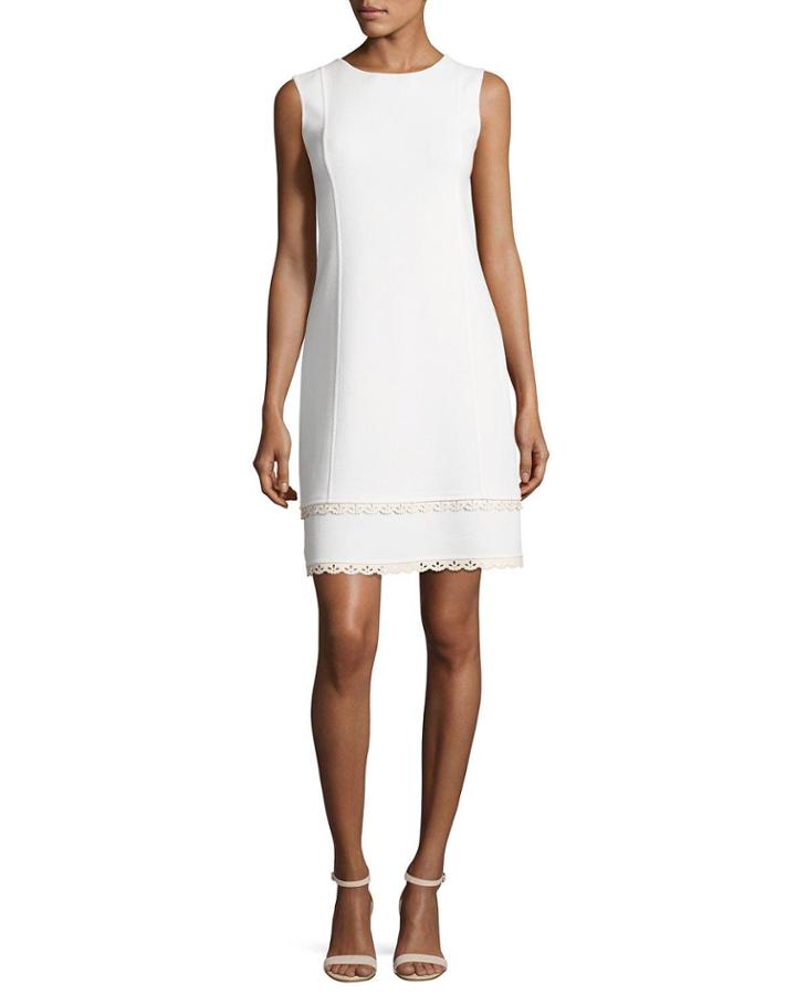 Sleeveless Shift Dress With Scalloped Leather Trim, White