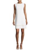 Sleeveless Shift Dress With Scalloped Leather Trim, White