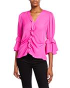 Demy V-neck 3/4-sleeve Silk Ruffle Blouse