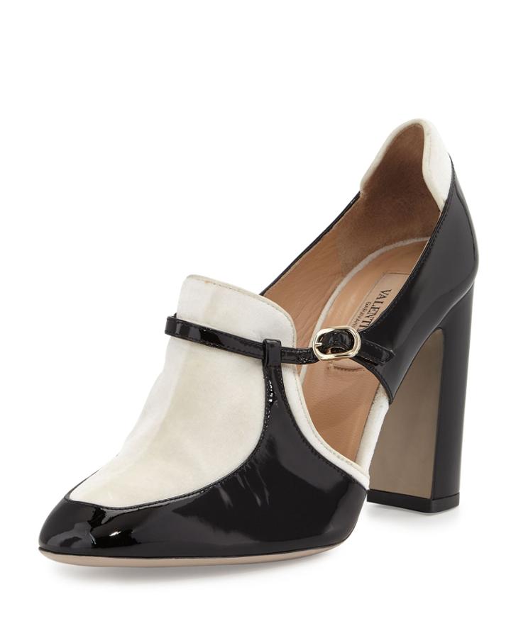 Valentino Patent/velvet Cutout Block-heel Pump, Nero/light Ivory, Women's,